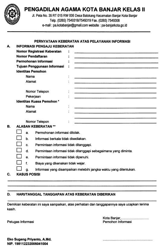 Formulir Keberatan Layanan Informasi